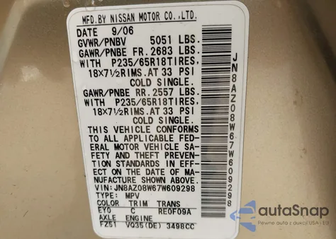 2007 Nissan Murano Sl из США, поврежденный, VIN JN8AZ08W67W609298